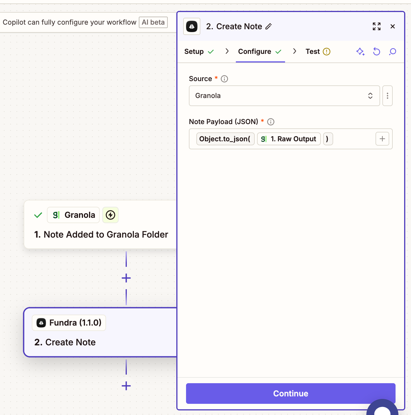 Zapier action step with the Fundra Create Note action and the Granola raw output mapped into the payload field
