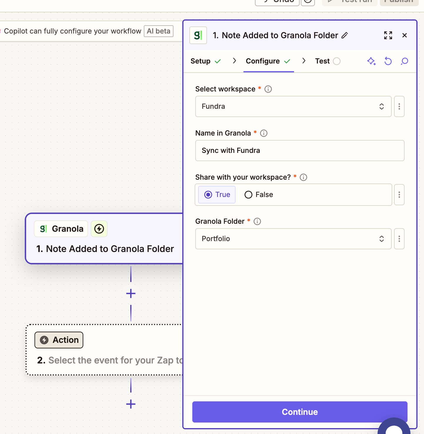 Zapier trigger step configured with the Note Added to Granola Folder event